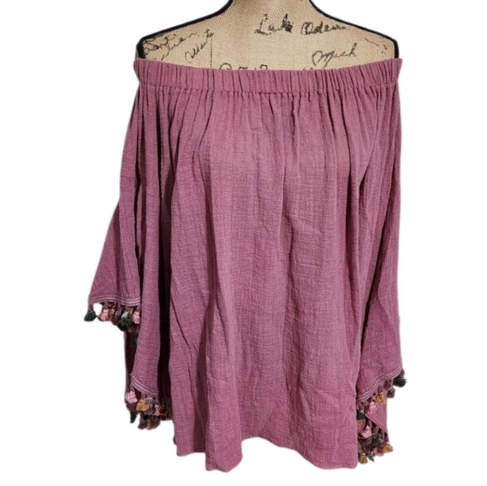 Easel Mauve Cotton Gauze Off The Shoulder Tassel Bell Sleeve Top S NEW